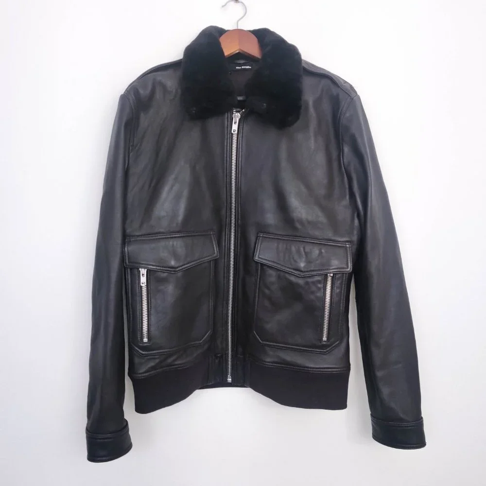The Kooples Aviator Leather Bomber Jacket with Detachable Fur Collar in Brown XL
